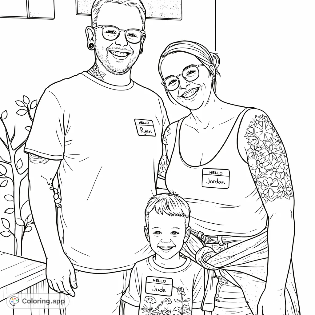 Capture a heartwarming family moment! This family portrait coloring page features two adults and a child, all smiling, with intricate tattoos and a cheerful backdrop.
