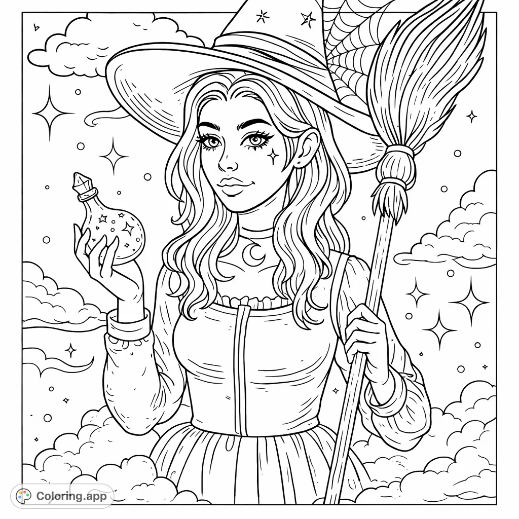 A magical witch stands with her broom and a sparkling potion. Features a wide-brimmed hat, flowing hair, and celestial background elements. Perfect for enchantment lovers.