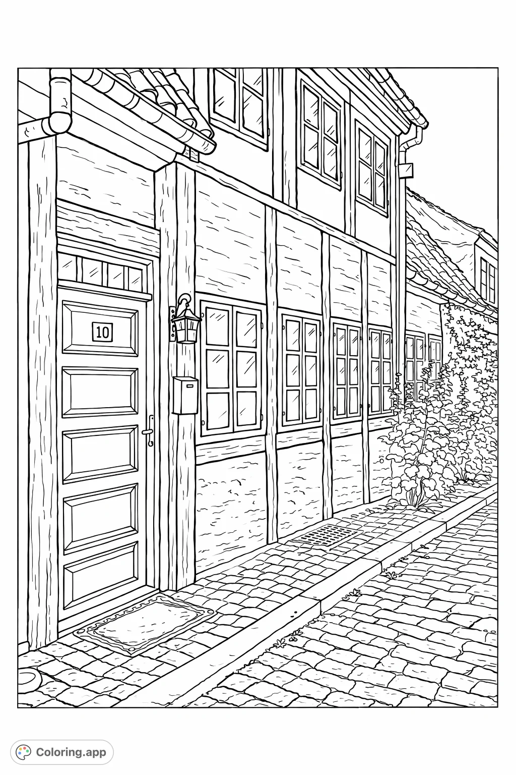 Explore a charming historic European alleyway featuring a half-timbered house, a detailed cobblestone path, and delightful foliage.