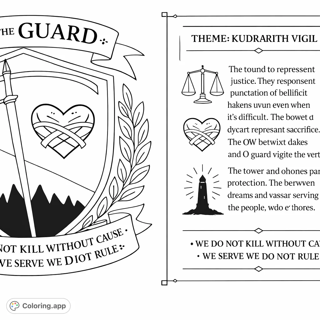 Explore a powerful symbolic crest featuring a guard emblem, heart, scales, and tower. Perfect for delving into themes of justice, sacrifice, and protection.