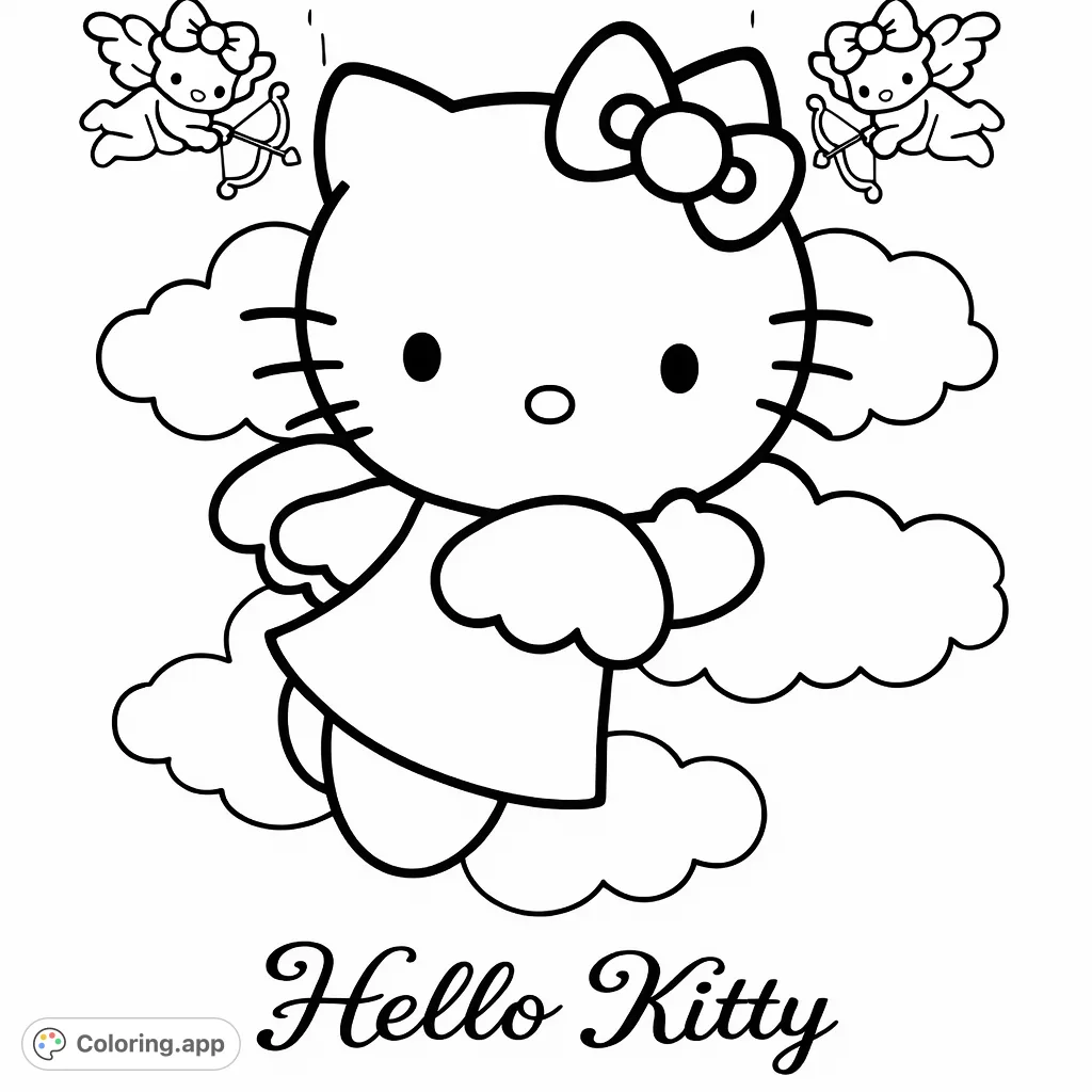 Join Hello Kitty on a whimsical cloud adventure! This free printable Hello Kitty coloring page features the iconic character floating among soft clouds, perfect for creative fun.