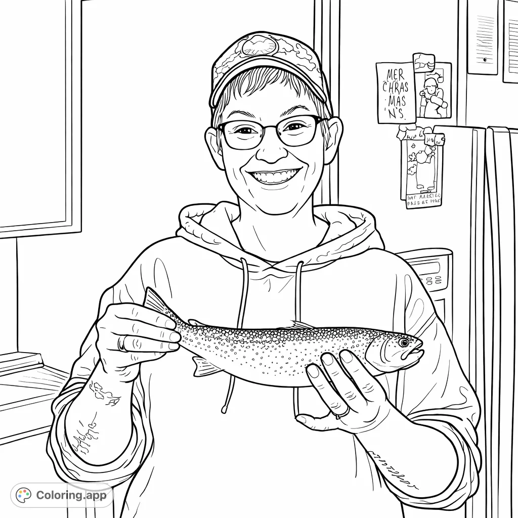 A smiling angler proudly displays their catch, a beautifully detailed fish, in a cozy kitchen setting. A delightful fishing scene for all ages.