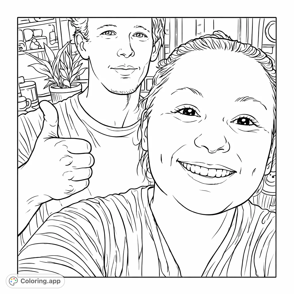 A cheerful duo, with one person in the foreground smiling broadly and another behind them giving a thumbs-up. Perfect for personalizing with your favorite colors.