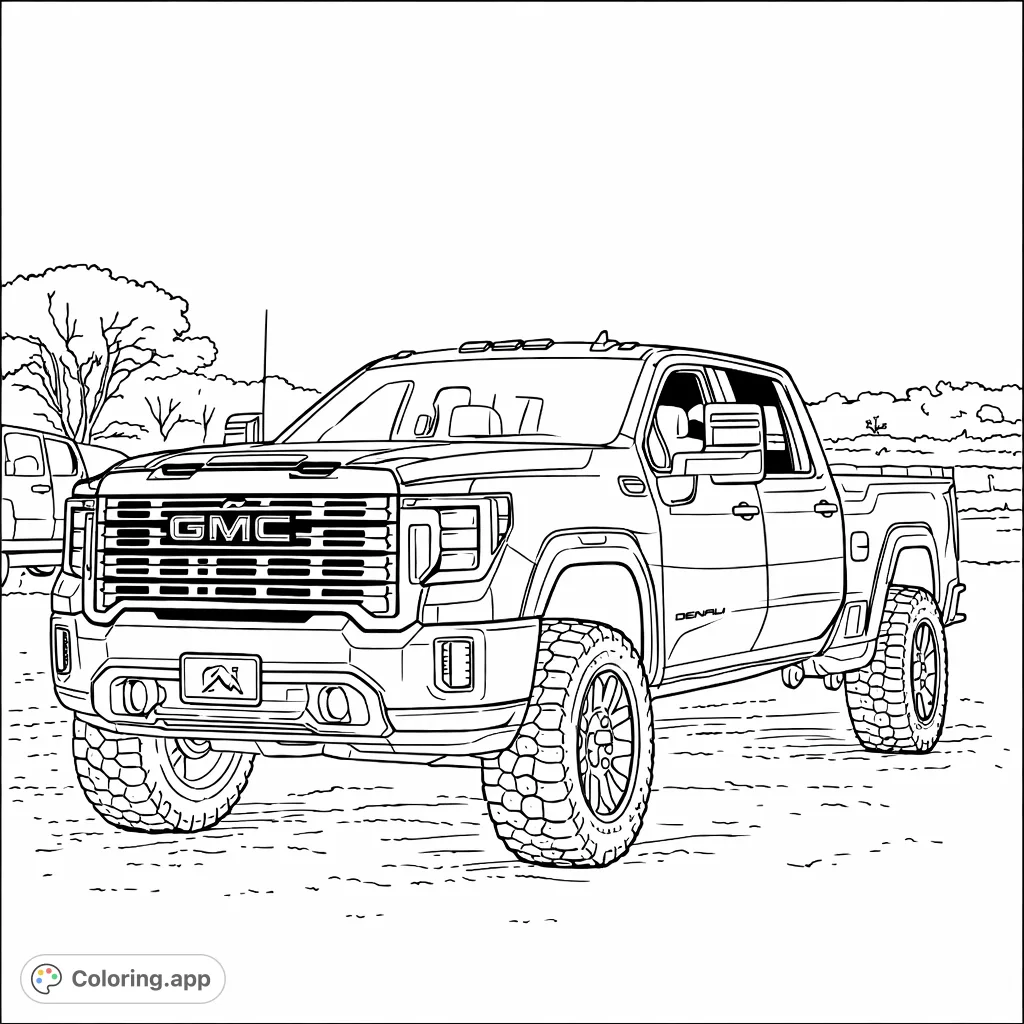 Color this powerful lifted pickup truck with its aggressive tires, detailed grille, and striking headlights against an open landscape, perfect for vehicle enthusiasts.