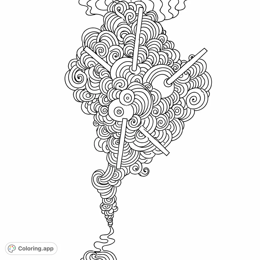 Immerse yourself in this abstract coloring page filled with intricate swirls and unique clock-like elements, perfect for mindful relaxation.