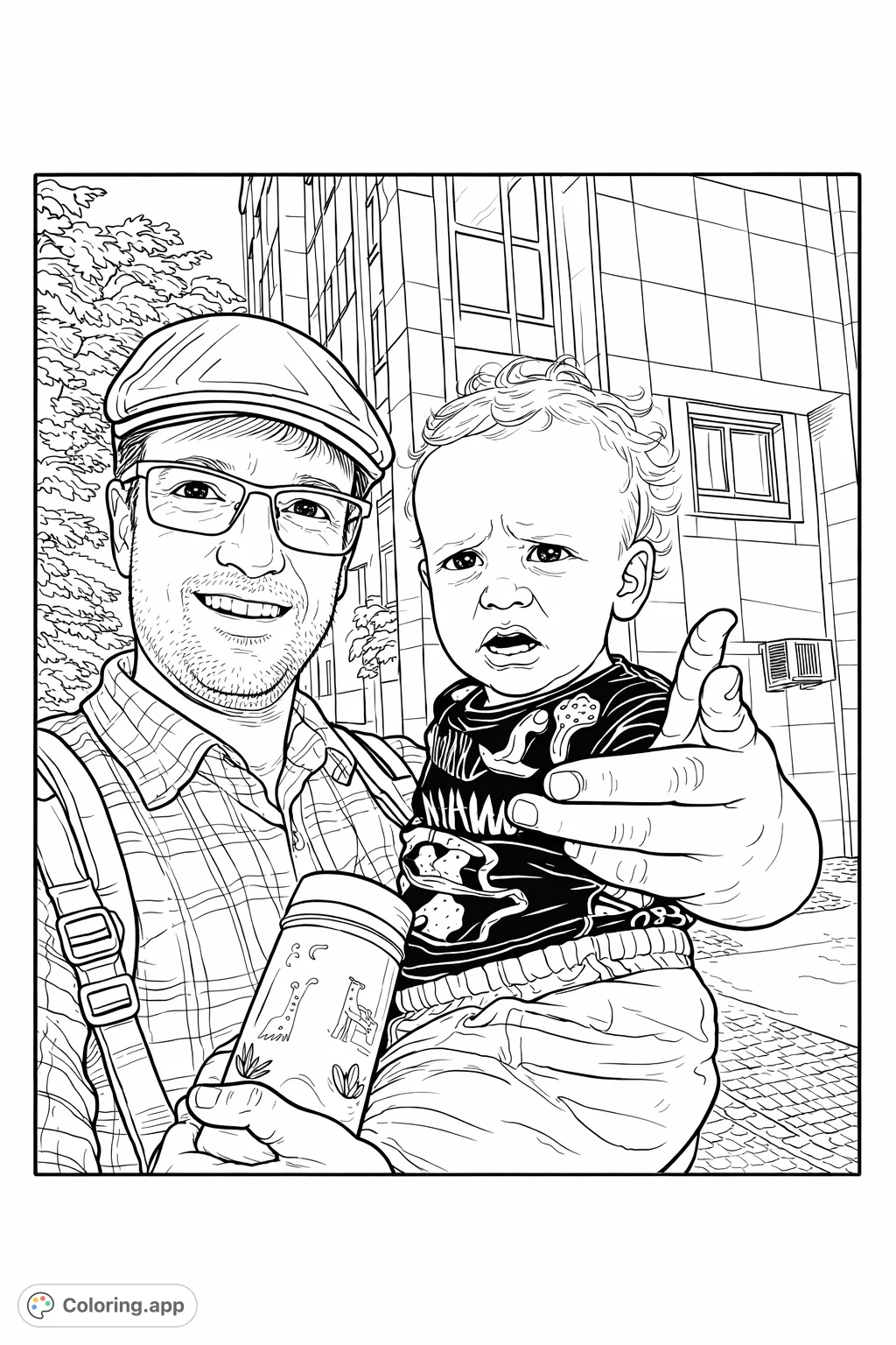 A heartwarming father and child coloring page featuring a man holding his baby. Explore urban textures and playful patterns in this free printable scene.