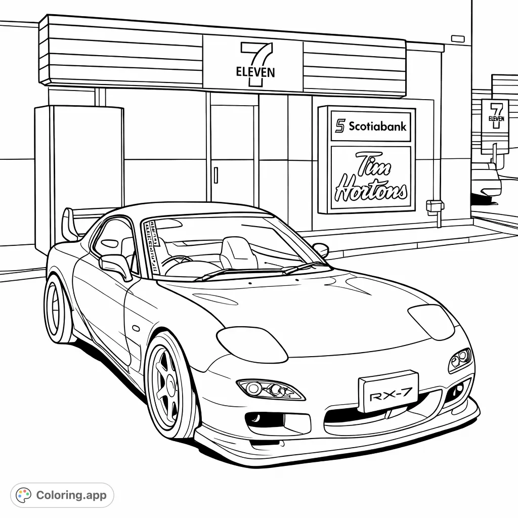 Color this iconic sports car parked outside a classic convenience store. Featuring sleek lines and detailed background signs for a dynamic scene.