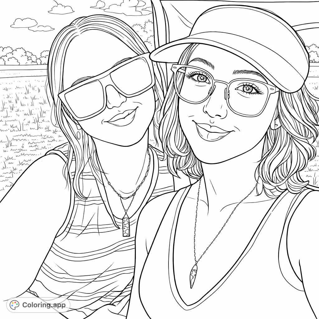 Two friends pose for a cheerful outdoor portrait, featuring sunglasses, a visor, and necklaces, set against a natural landscape under a cloudy sky.
