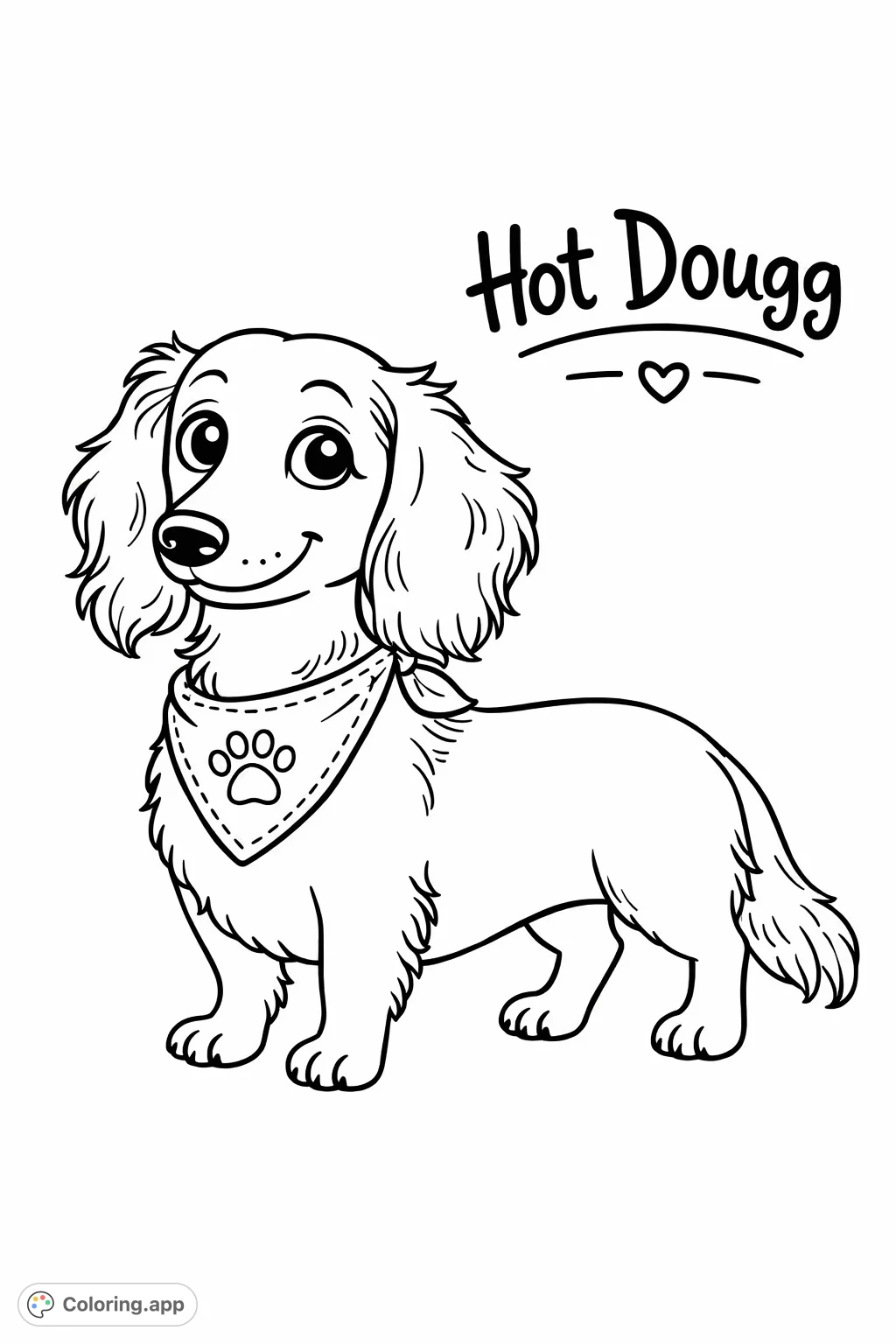A charming dachshund dog with a playful bandana featuring a paw print, accompanied by fun "Hot Dougg" text, ready for creative coloring.