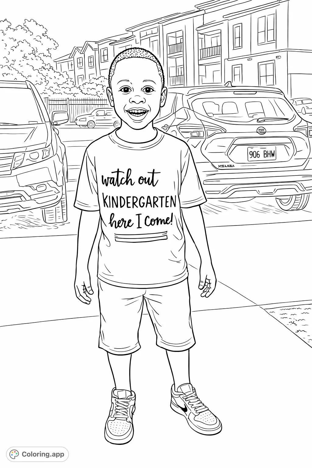 Celebrate back to school with this heartwarming kindergarten coloring page featuring a smiling child ready for their next adventure. A fun, printable activity!