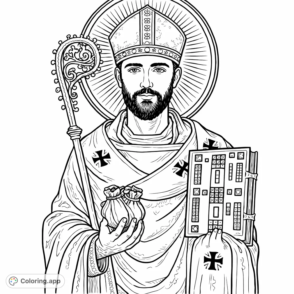 Color a revered bishop figure in ornate vestments, holding a pastoral staff, symbolic sacks, and an embellished book. Ideal for mindful coloring and spiritual reflection.