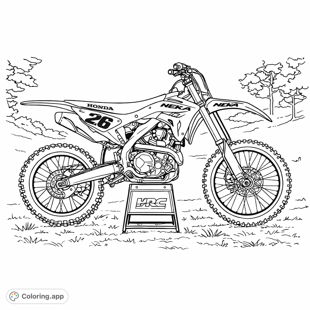 Detailed motocross bike on a stand, ready for action. Perfect for vehicle enthusiasts to personalize with custom racing designs and vibrant colors.