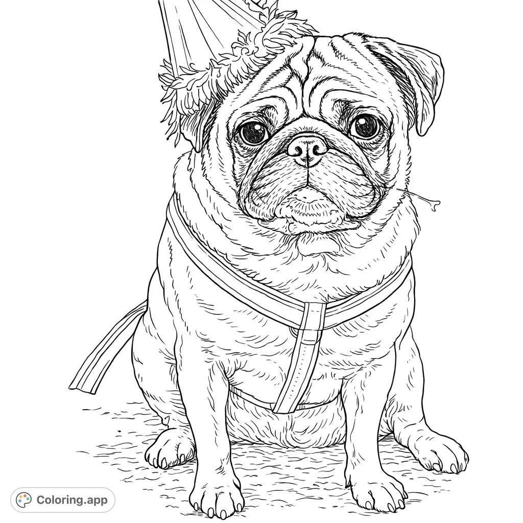 A charming pug in a festive party hat, complete with textured tinsel and a harness, awaits your creative touch on a cozy, realistic textured floor.