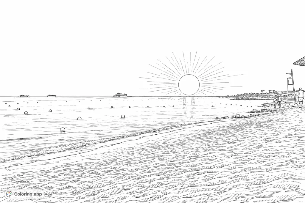A stunning realistic coastal scene features a glowing sun, its reflection on calm waters, a detailed sandy beach, and distant boats. Perfect for mindful coloring.