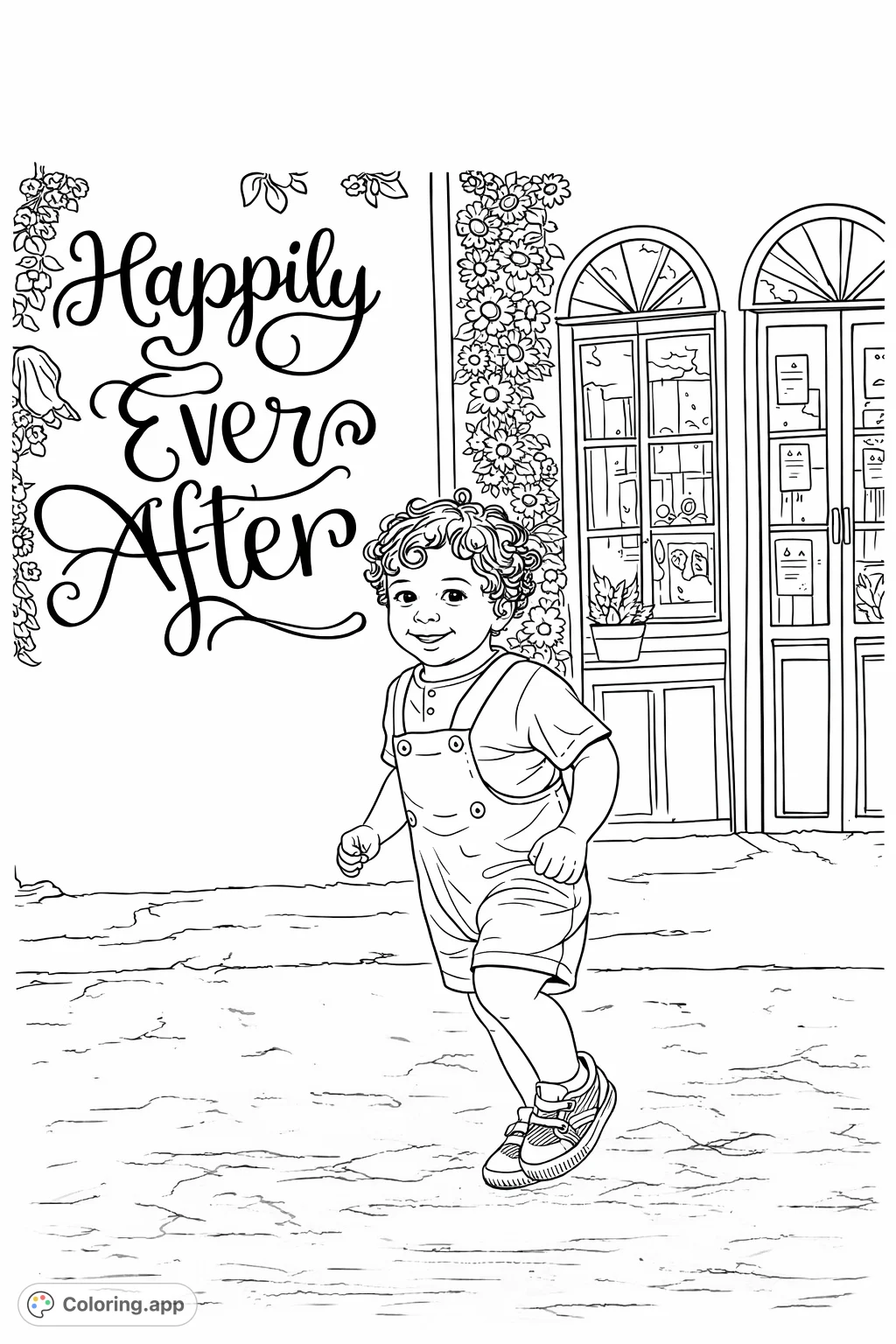 Capture the joy of childhood with this delightful coloring page featuring a smiling toddler exploring an outdoor scene with whimsical text and floral architectural details.