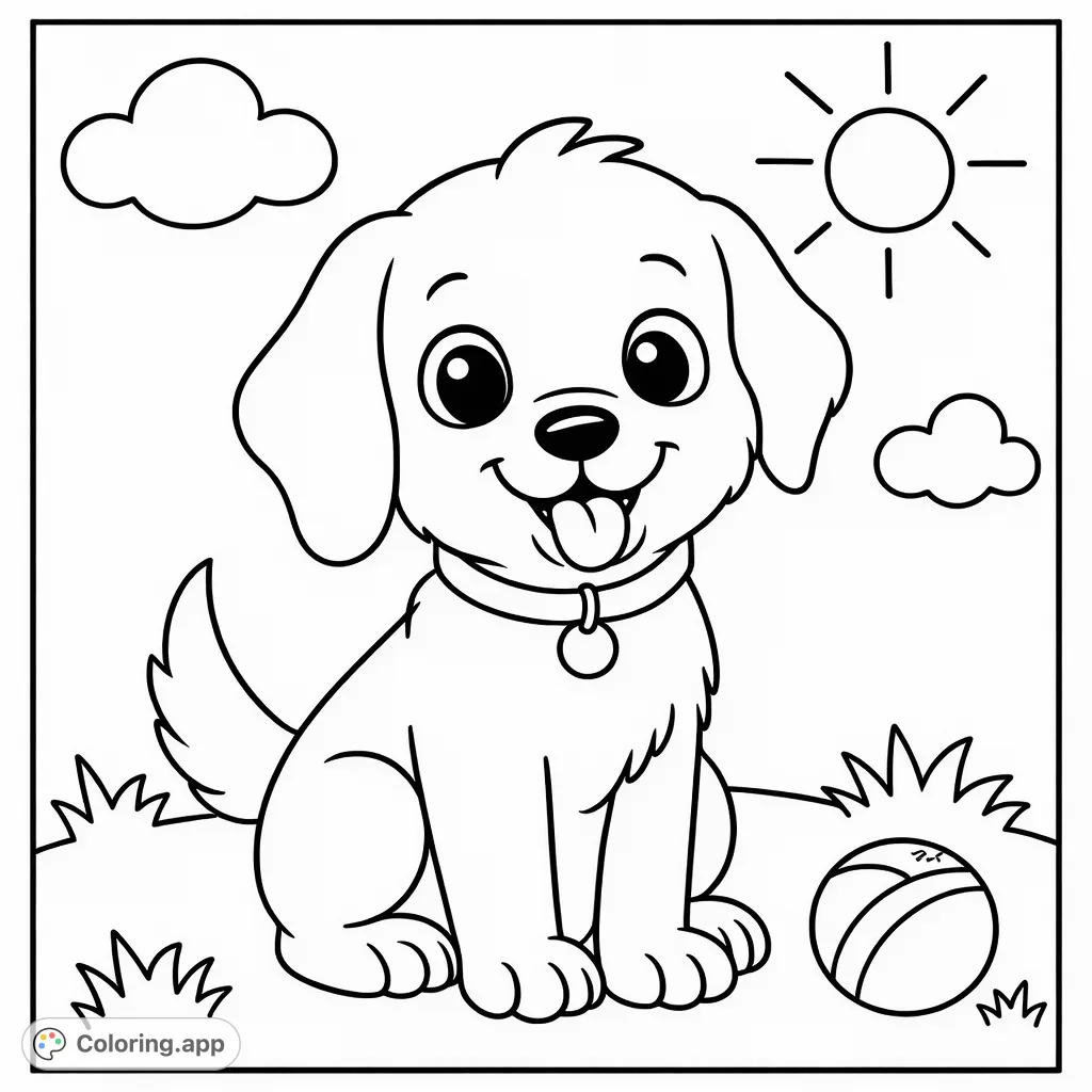 A cheerful cartoon puppy sits in a sunny, grassy field, tongue out, with a ball nearby. A delightful and free printable puppy coloring page for kids.