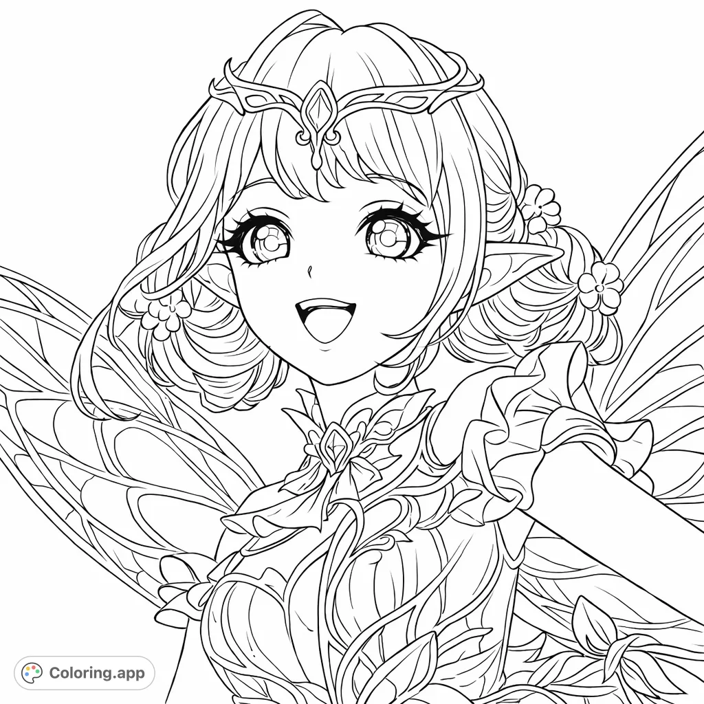 A delightful fairy princess with a sparkling crown and magnificent wings, smiling brightly. Perfect for adding your own magical touch.