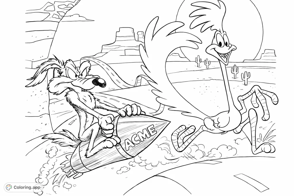 Join the thrilling chase! Wile E. Coyote speeds after the Road Runner on an ACME rocket through a desert, full of fun for all ages. A classic cartoon adventure!