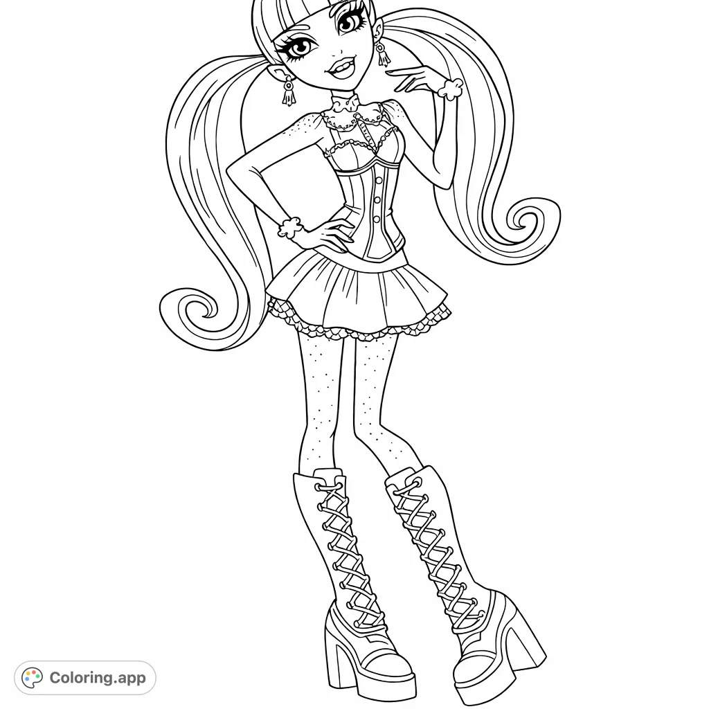 Color this delightful vampire character with intricate details, from her stylish ruffled blouse and vest to her laced boots and charming pigtails. A fun Monster High coloring adventure!
