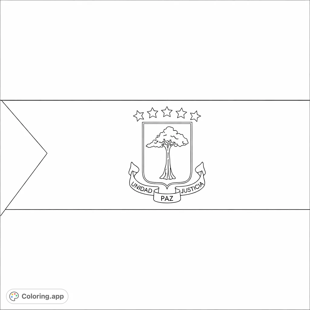 Color the national flag of Equatorial Guinea, featuring its distinct horizontal stripes, left-side triangle, and central coat of arms with a tree and stars.