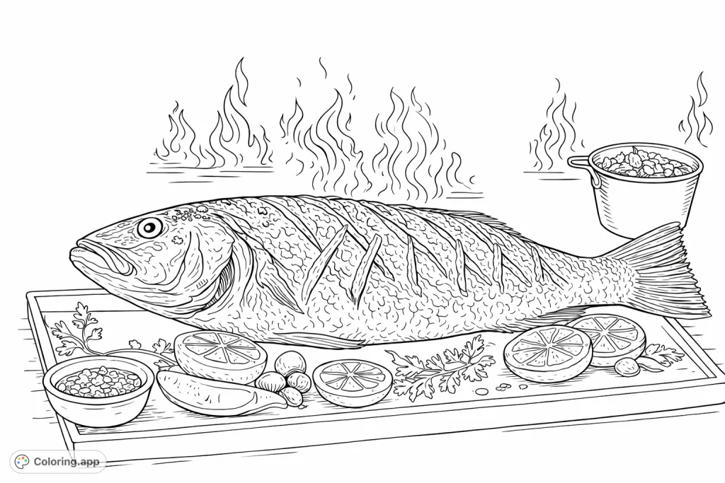 A detailed grilled fish coloring page, complete with citrus, herbs, and a cozy fire background. Perfect for foodies and culinary enthusiasts.