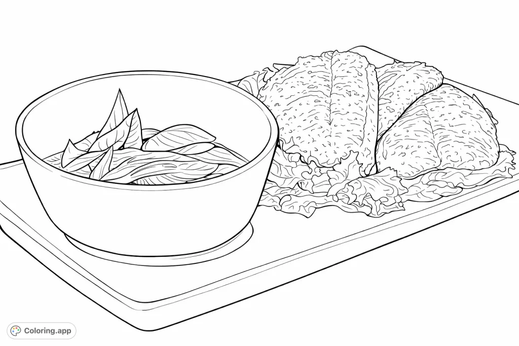 A delightful healthy meal coloring page featuring perfectly cooked fish fillets, fresh snap peas, and crisp lettuce, ready for your creative touch.