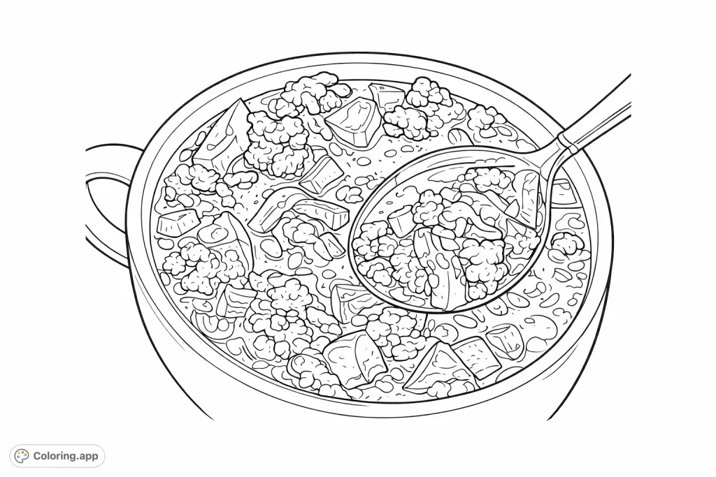 Savor the comfort of a rich soup bowl, teeming with ground ingredients, bell peppers, and grains. A perfect culinary scene for a satisfying coloring experience.