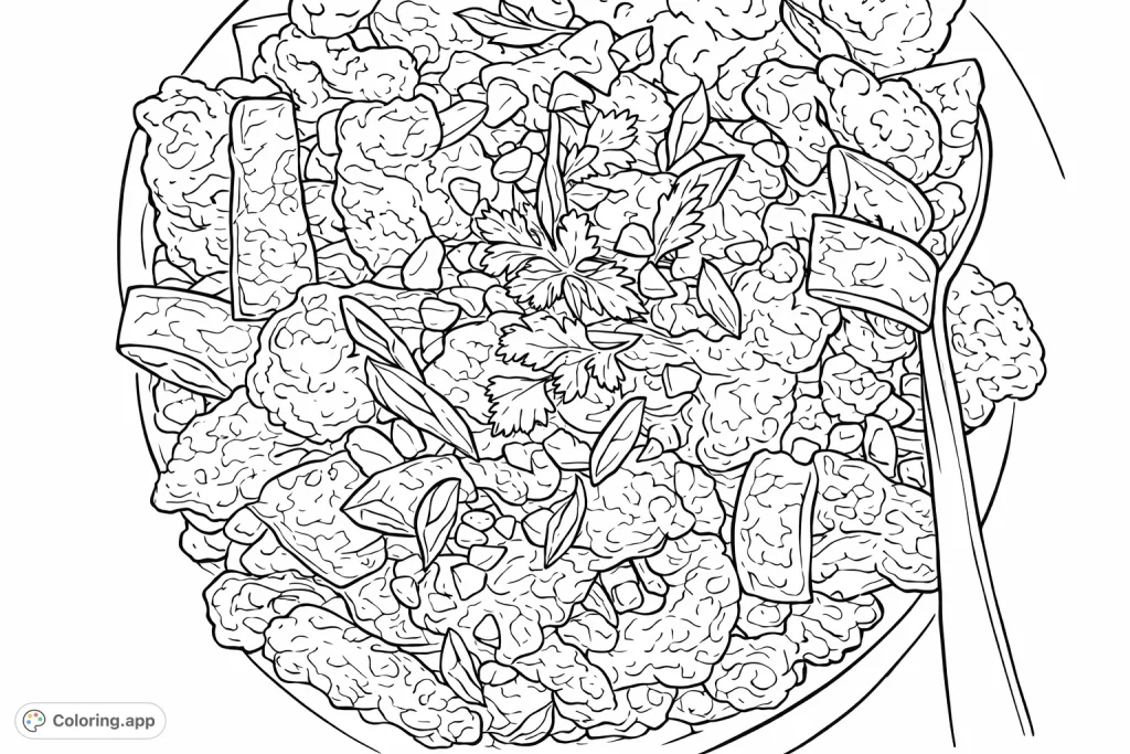 A detailed coloring page of a delicious stir-fry dish, featuring savory ingredients, bell peppers, peanuts, and fresh herbs, ready for your artistic touch.