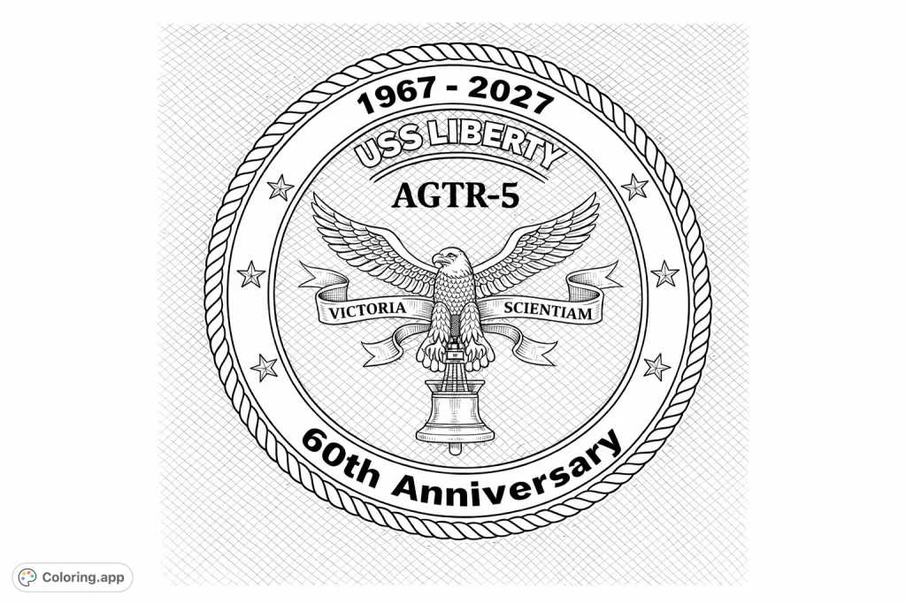 An intricate USS Liberty 60th Anniversary emblem coloring page, a free printable coloring page perfect for history buffs and adults. Features detailed eagle design.