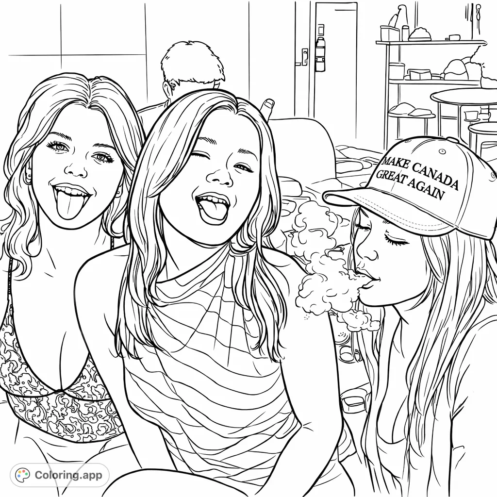 An energetic coloring page featuring three friends at a social gathering, one exhaling a cloud of vapor, perfect for adult colorists exploring dynamic scenes.
