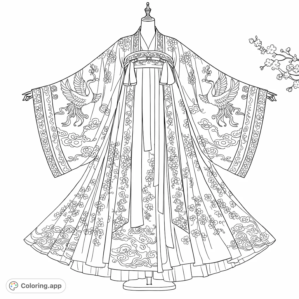 An elegant traditional garment on display, featuring intricate crane and floral patterns, flowing sleeves, and a layered skirt for a detailed coloring experience.
