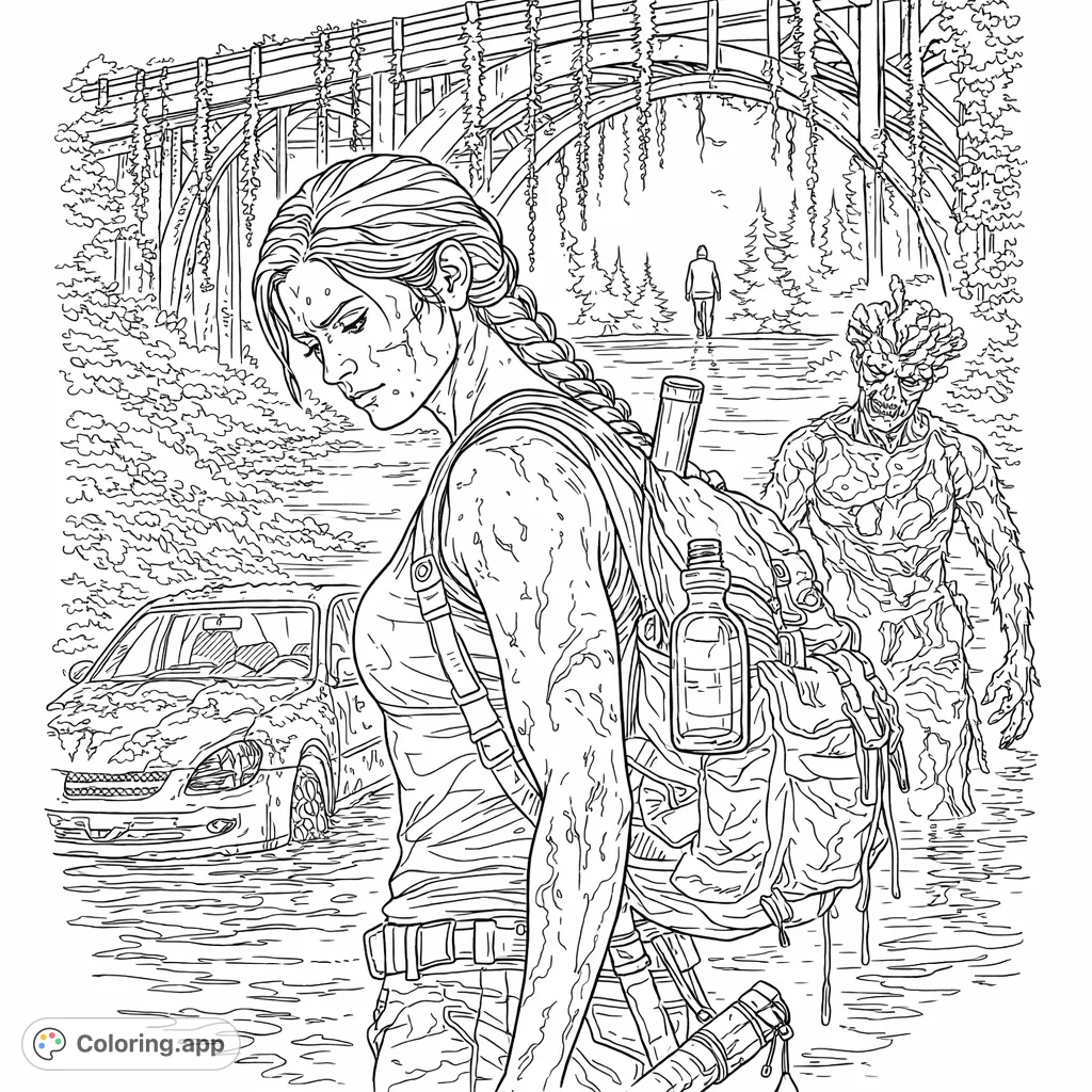 Navigate a desolate, overgrown world with a resilient survivor and menacing creatures. This intense scene offers a gripping challenge for colorists.