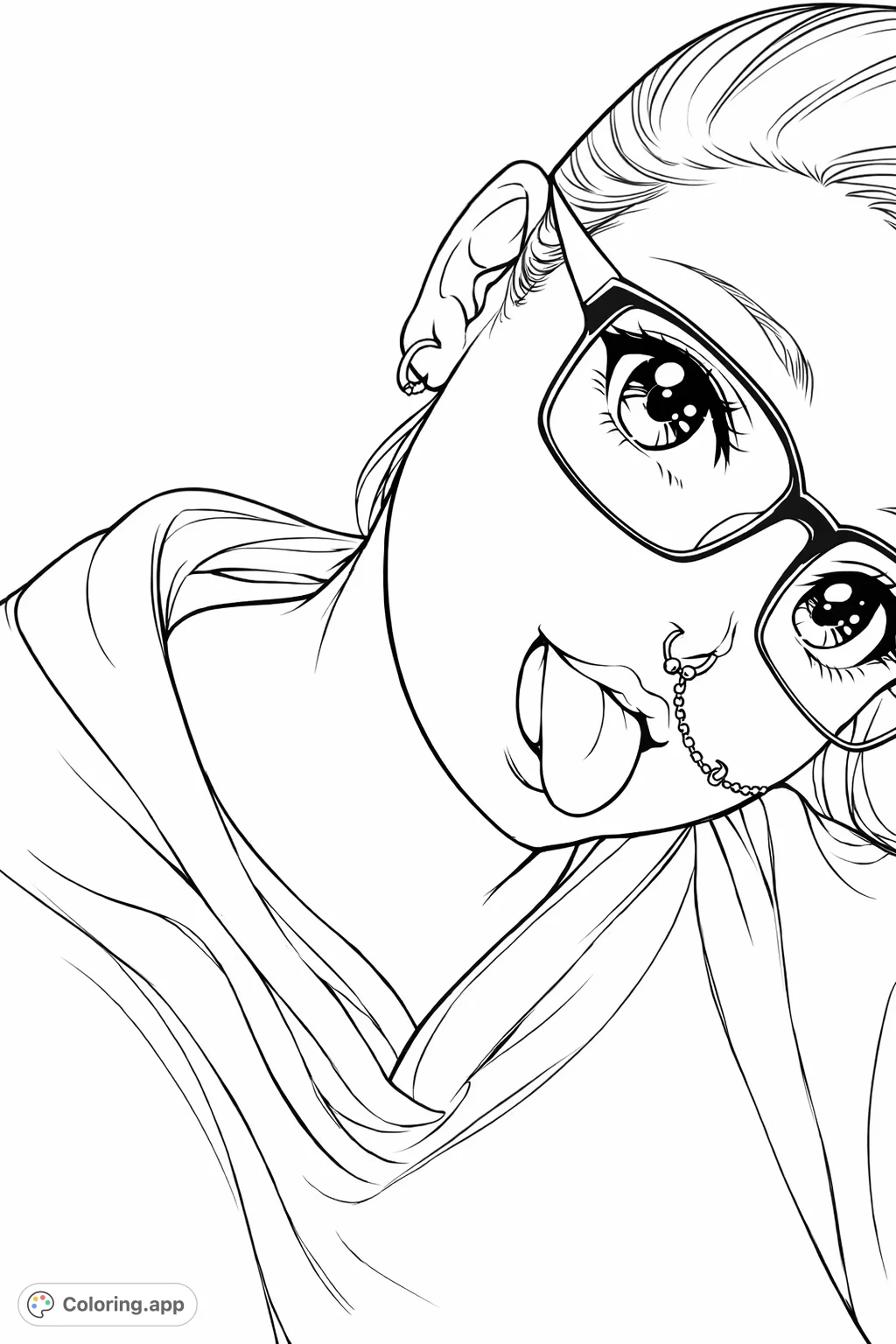 Dive into this anime-inspired coloring page featuring a character with stylish glasses and unique nose jewelry. Express yourself with vibrant hues.