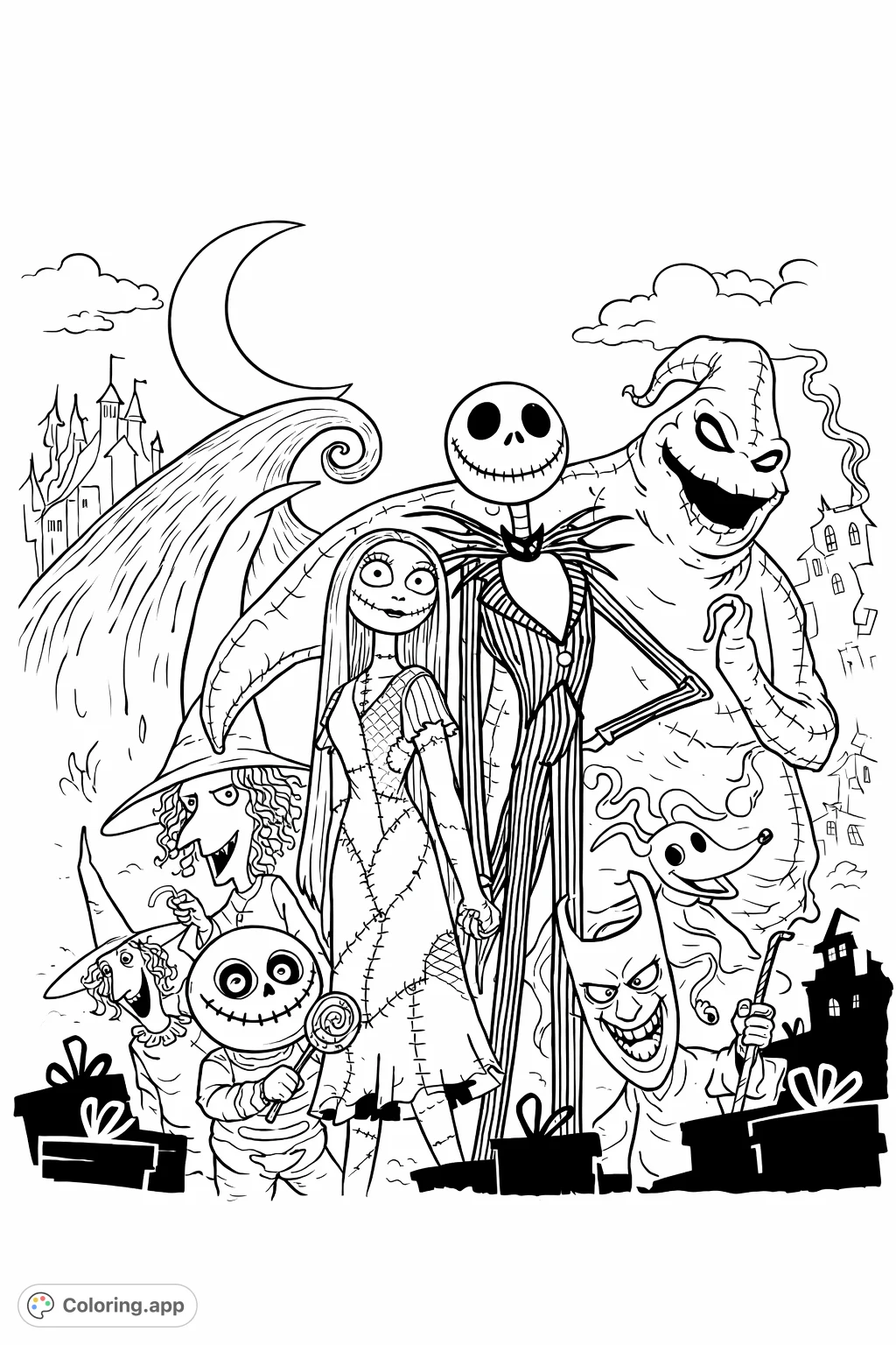 Color iconic Nightmare Before Christmas characters: Jack, Sally, Oogie Boogie, and more under a full moon. A spooky ensemble for fans of all ages!