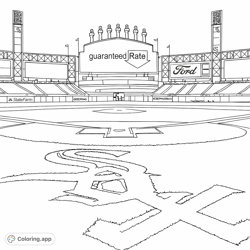 Immerse yourself in the thrill of a grand baseball stadium. This intricate coloring page features the diamond, outfield logo, stands, and towering structures.