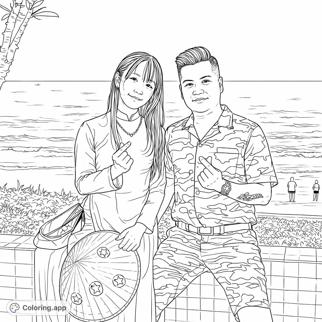 A lovely couple poses by the sea, making heart gestures. Features traditional attire, patterned clothing, and a serene waterfront backdrop for creative coloring.
