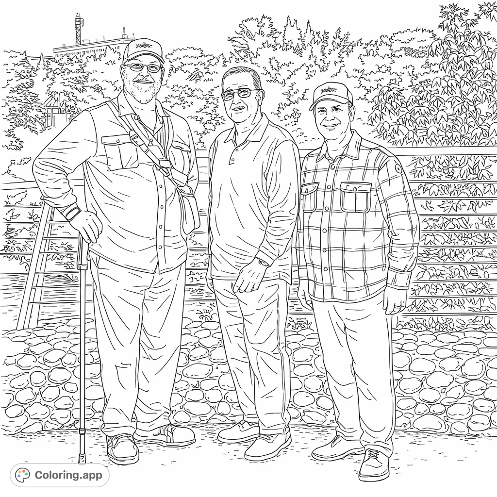 A detailed coloring page of three men standing together on a stone wall overlooking a scenic landscape with trees, a river, and a distant building.