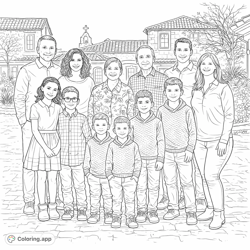 Capture the warmth of a multi-generational family portrait, featuring eleven smiling individuals against a charming architectural backdrop. A detailed family coloring page.