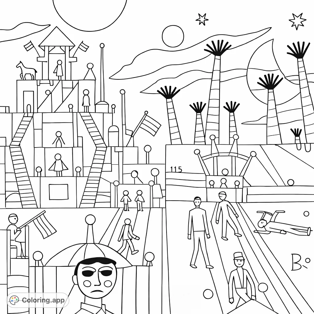 Whimsical Geometric Town Scene - Coloring.app