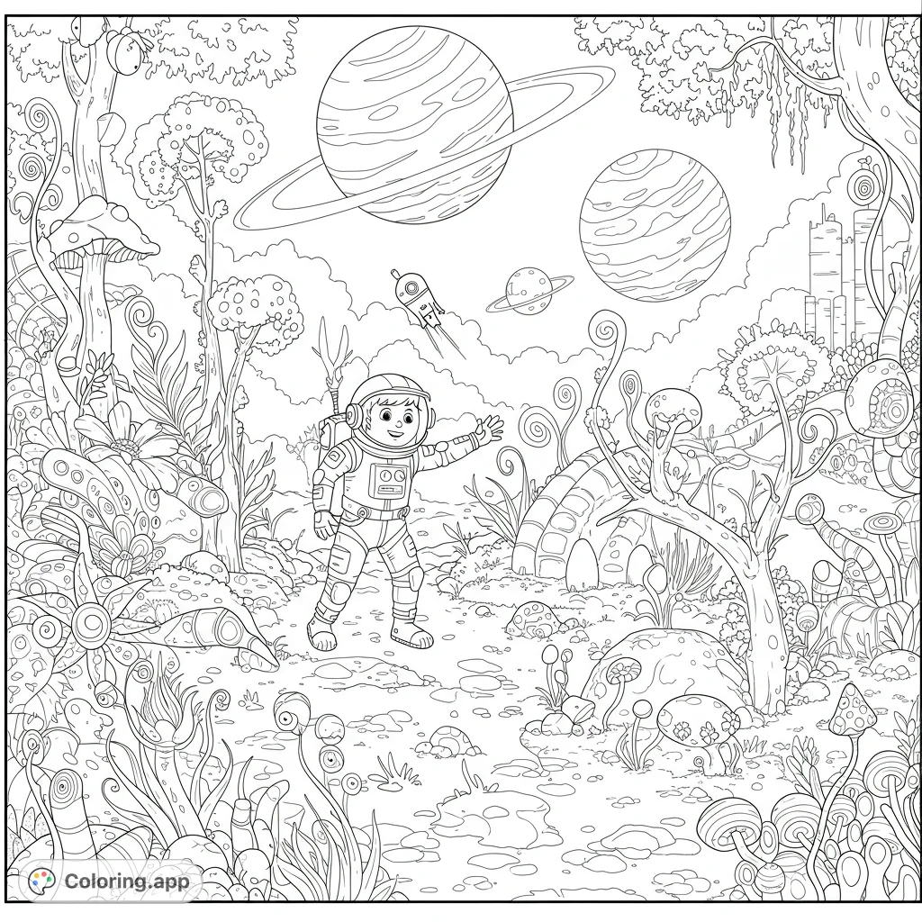 Explore an alien planet with a friendly astronaut! This free printable space adventure coloring page features unique flora, distant planets, and a futuristic city.