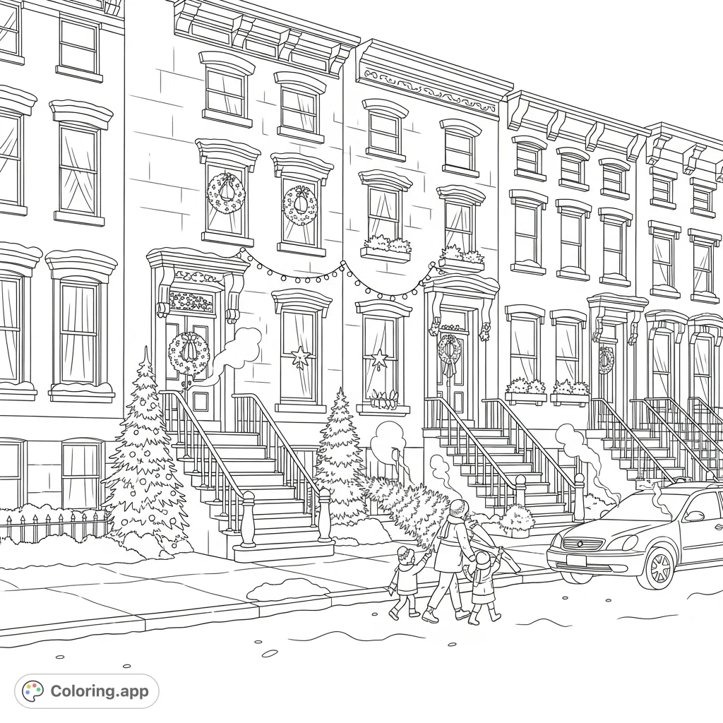 Historic Brooklyn brownstones decorated for winter, snow-covered streets, and a family carrying a freshly cut Christmas tree, capturing a charming holiday atmosphere.