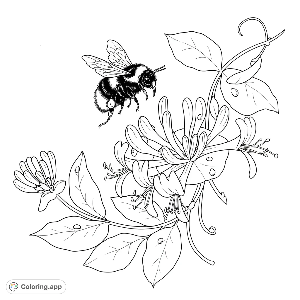 A plump bumblebee hovers over detailed honeysuckle blossoms on a winding vine, with textured leaves and glistening dew drops. A charming nature scene.