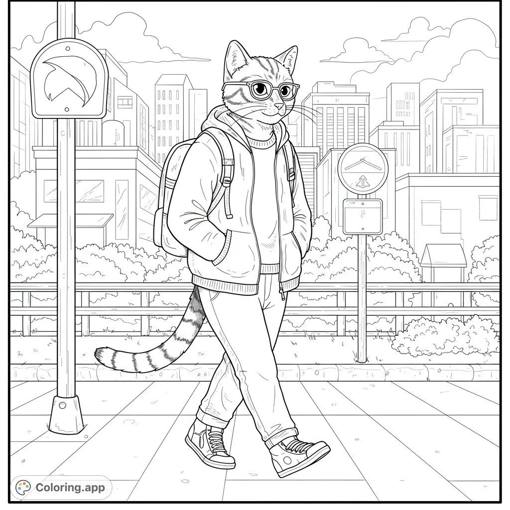 A cool, anthropomorphic cat in glasses, hoodie, and backpack walks confidently on a city sidewalk, perfect for urban-themed coloring fun.