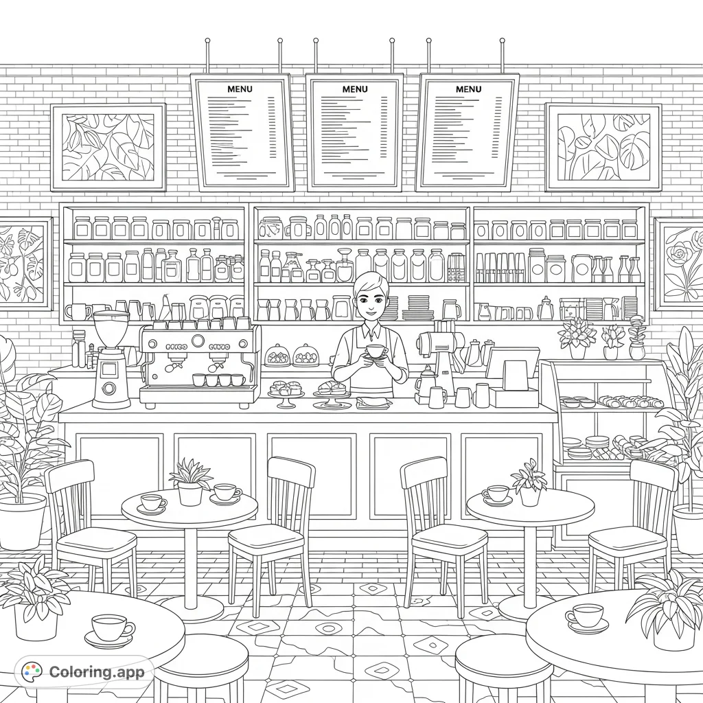 Explore a detailed coffee shop interior with a barista, espresso machine, pastries, and cozy seating. A perfect free printable for cafe lovers!