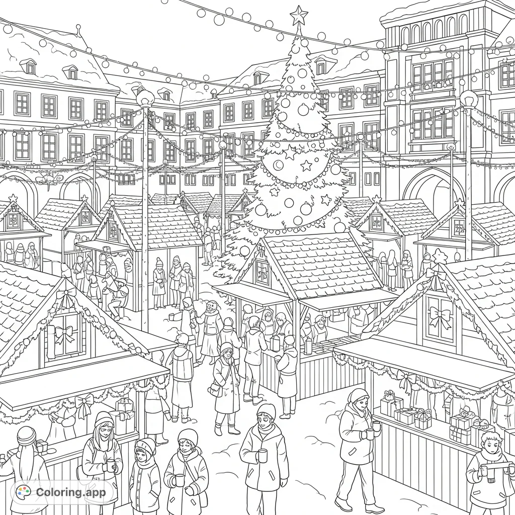 Immerse yourself in a lively Christmas market coloring page, complete with charming stalls, cheerful people, a grand tree, and snowy town elements.