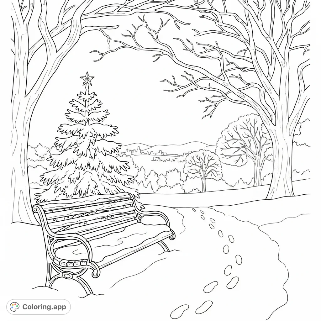 Discover a tranquil winter scene in Golden Gate Park, featuring a snow-covered bench, a festive pine tree, and distant city lights. Perfect for a peaceful coloring escape.