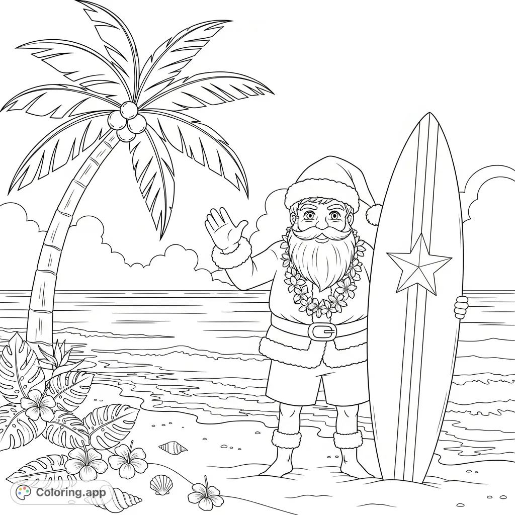 Celebrate the holidays island-style with Santa on a tropical beach! This festive coloring page features Santa with a lei and surfboard amidst palm trees and ocean waves.