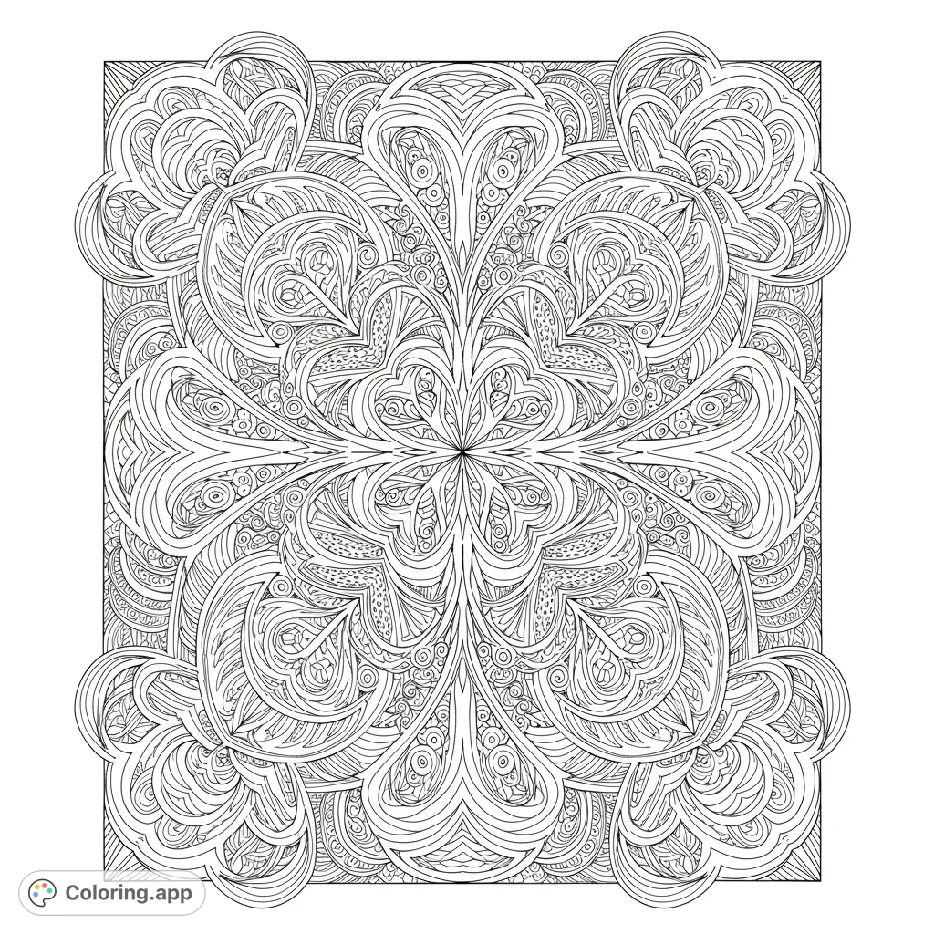 An intricate symmetrical abstract design, perfect for advanced colorists seeking a meditative challenge. Features swirling lines and detailed patterns.