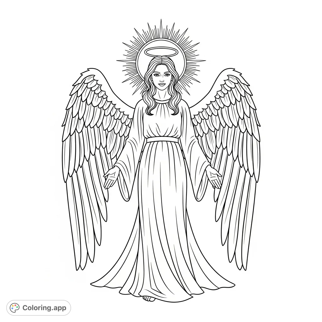A serene angel with flowing hair, grand feathered wings, and a radiant halo stands with outstretched arms, offering a welcoming presence. Perfect for peaceful coloring.