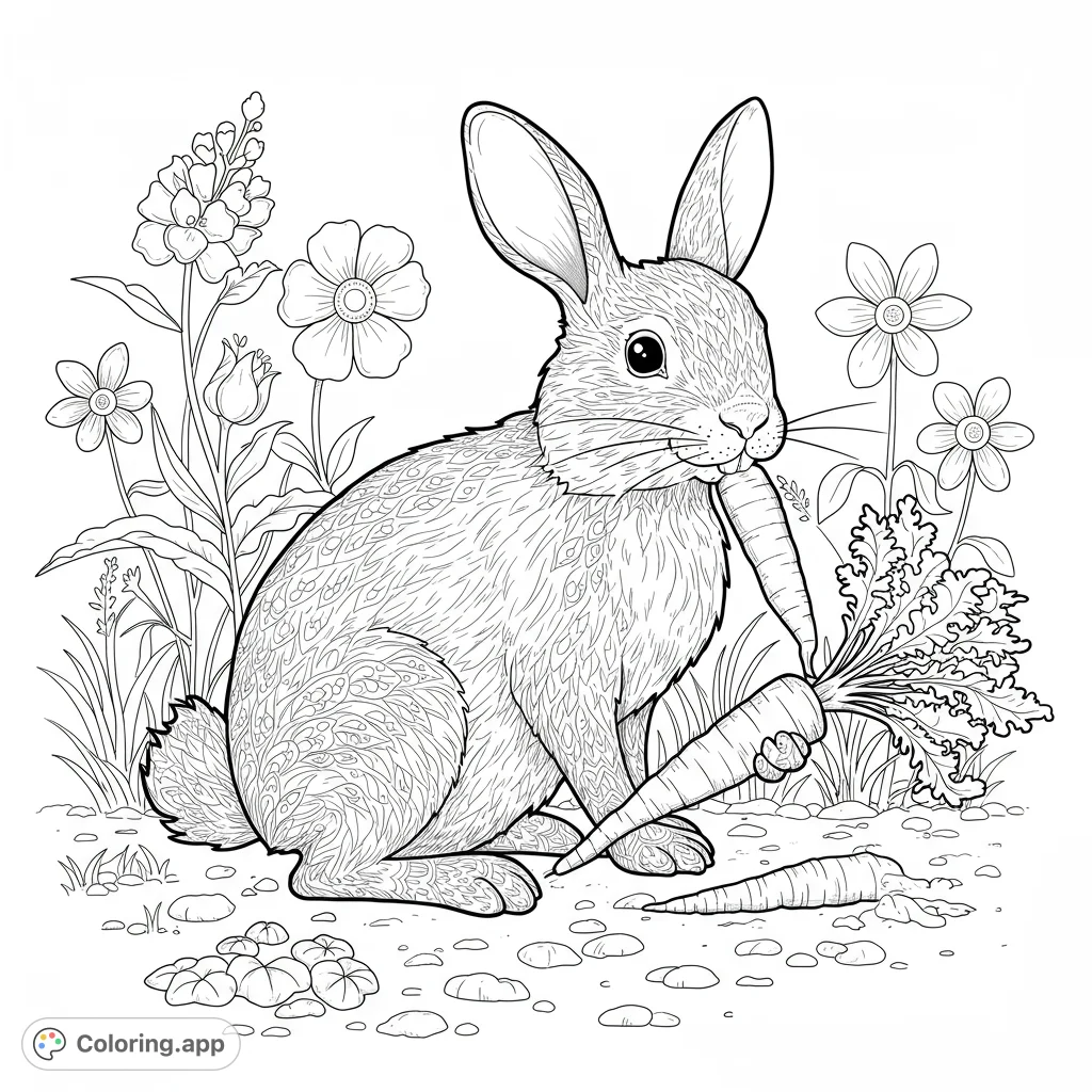 Adorable rabbit enjoying a carrot in a vibrant garden. A delightful free printable coloring page for kids and adults.